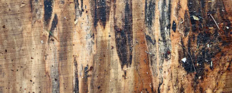 Planche de bois d’érable taché (coti) sciée, présentant des nœuds et une veinure unique, avec des marques naturelles de pourriture fongique dues à l’eau de pluie, provenant de l’espèce Acer.